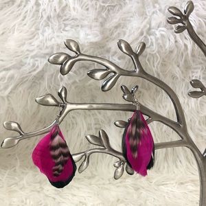 Magenta Pink & Black Feather Earrings